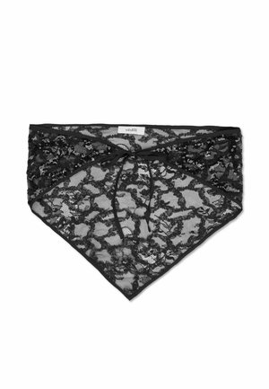 Pièce de lingerie triangulaire en dentelle noire avec motifs floraux et un délicat nœud noué au centre devant.