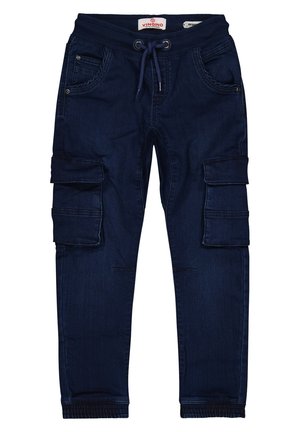 Mørkeblå børne cargo bukser med elastisk talje, snøre, sidelommer med klapper og elastiske manchetter.