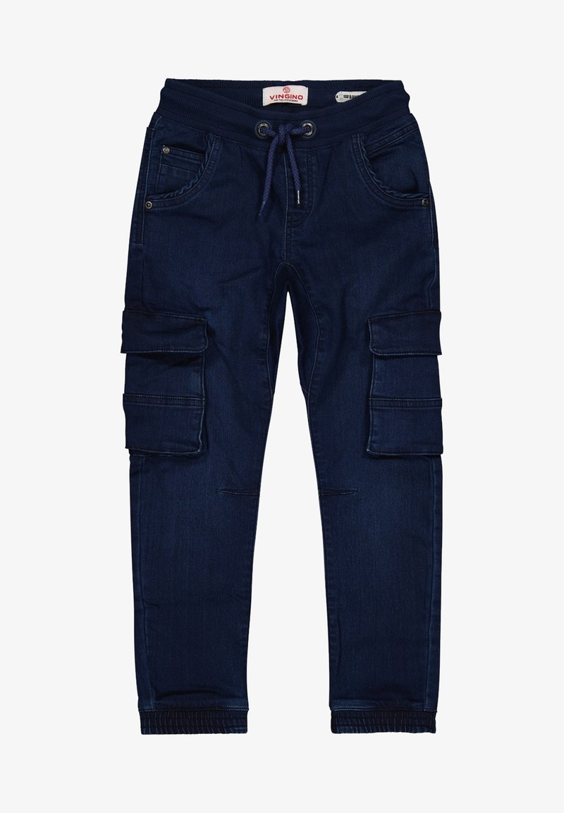 Pantalon cargo enfant bleu foncé avec taille élastique, cordon de serrage, poches latérales à rabat et poignets élastiques.