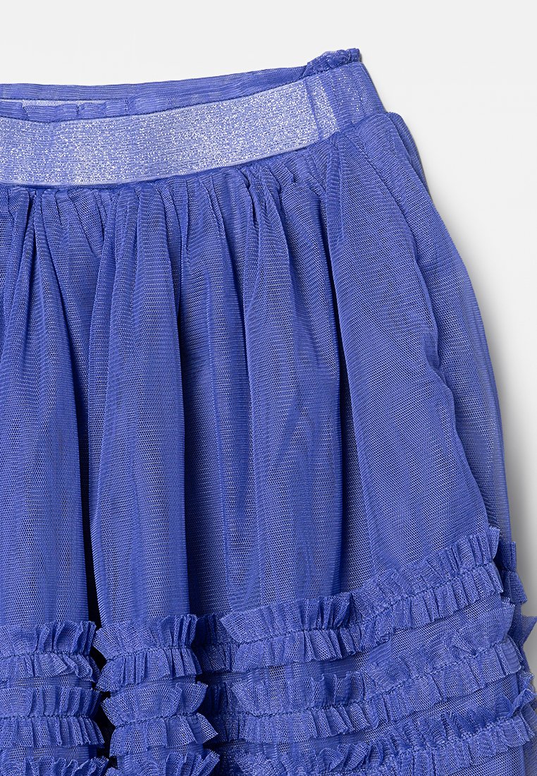 Blaue Tüllrüsch mit einem glitzernden elastischen Bund, ausgestattet mit gestuften Rüschen am Saum, gefertigt aus leichtem, transparentem Stoff.