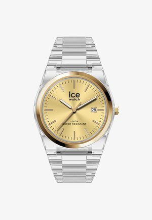 Ručni sat s prozirnim remenom, zlatnim okruglim brojčanikom, zlatnim oznakama sati i kazaljkama, prikazom datuma, označen "ice watch" i "10ATM vodootporan."