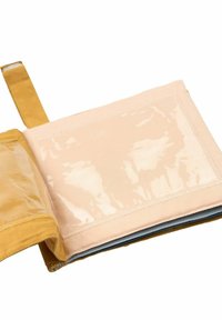 Yellow fabric cover opens to reveal a smooth beige interior with a glossy pocket and a blue edge, showcasing a simple, functional design.