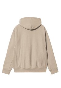 Sudadera con capucha beige de corte relajado, con puños y dobladillo acanalados, que cuenta con bolsillos en las costuras laterales y una tela suave y texturizada.