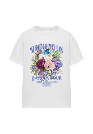 White cotton t-shirt featuring a vibrant floral graphic in purple, pink, and blue. Text includes "Bridgerton Garden Tour, London, England."