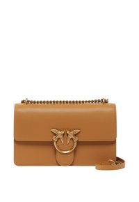 Borsa a tracolla in pelle color pelle con tracolla in catena dorata, dotata di una chiusura hardware a doppio uccello e una superficie liscia e elegante.