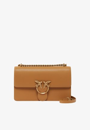 Borsa a tracolla in pelle color pelle con tracolla in catena dorata, dotata di una chiusura hardware a doppio uccello e una superficie liscia e elegante.