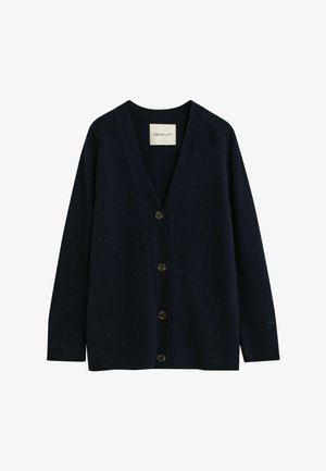 Navy wool cardigan featuring a deep V-neck, six button closure, ribbed hem, and subtle texture. Logo tag displayed on the collar.
