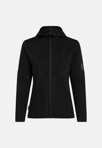 Černá mikina s kapucí a plným předním zipem, vybavená dlouhými rukávy, propracovanými švy a hladkou, strukturovanou tkaninou.