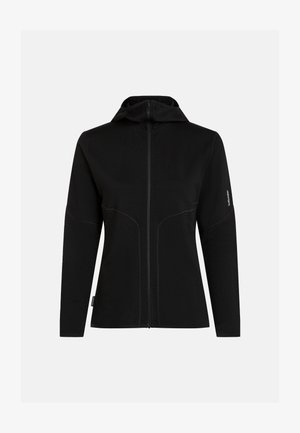 Giacca nera con cappuccio e cerniera frontale completa, dotata di maniche lunghe, dettagli di cuciture intricate e tessuto liscio e strutturato.