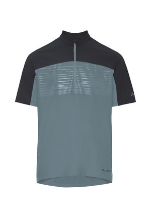 Fietsshirt met korte mouwen in donkerblauw en grijs, met een kwartritssluiting aan de voorkant en reflecterende horizontale strepen over de borst.