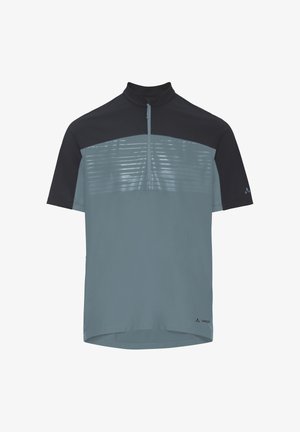 Fietsshirt met korte mouwen in donkerblauw en grijs, met een kwartritssluiting aan de voorkant en reflecterende horizontale strepen over de borst.