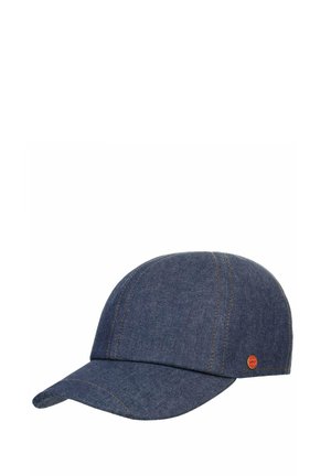 Dark blue denim baseball cap with curved brim and orange stitching, featuring a small round orange logo on the side.