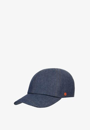 Dark blue denim baseball cap with curved brim and orange stitching, featuring a small round orange logo on the side.