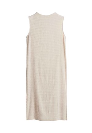 Ärmelloses Kleid in sanftem Beige, mit einem strukturierten Muster aus erhabenen rechteckigen Linien, geradem Schnitt und rundem Ausschnitt.