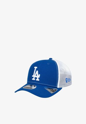 Blau-weiße Baseballkappe aus Los Angeles mit Netzrückseite, gebogenem Schirm und vorn aufgesticktem "LA"-Logo.