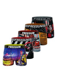 Cinq paires de boxers pour hommes avec des imprimés vifs, de différentes couleurs et motifs, dotés de ceintures élastiques noires étiquetées "FREEGUN".