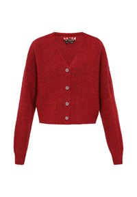 Roter, kurz geschnittener Cardigan aus weichem, strukturierte Stoff mit V-Ausschnitt, fünf Knopfverschluss und langen Ärmeln.