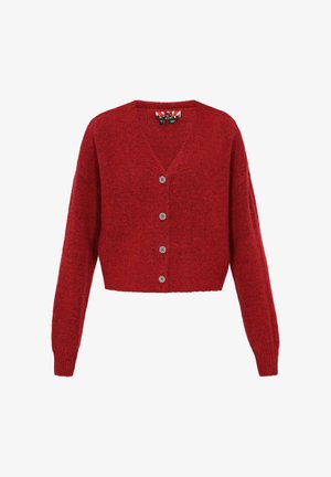 Rdeča kratka jopica iz mehkega teksturiranega materiala z V-izrezom, petimi gumbi in dolgimi rokavi.