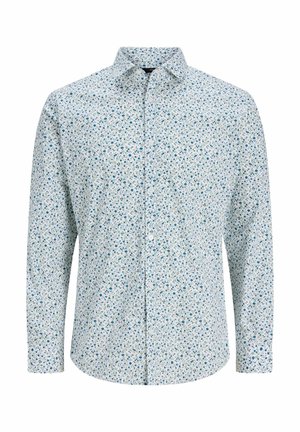 Wit overhemd met lange mouwen en klein blauw-groen bloemmotief, knoopsluiting aan de voorkant en een puntige kraag.