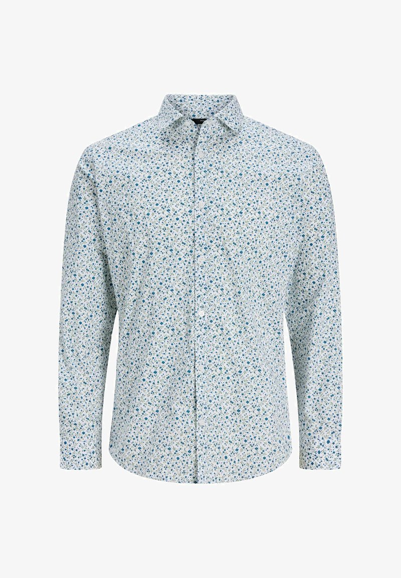 Chemise blanche à manches longues avec petit motif floral bleu et vert, fermeture boutonnée sur le devant et col pointu.
