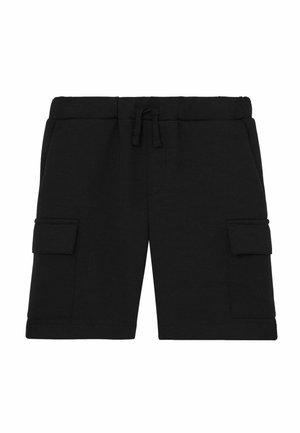 Schwarze legere Shorts mit Kordelzugbund und Klappentaschen auf beiden Seiten, dargestellt vor einem schlichten weißen Hintergrund.