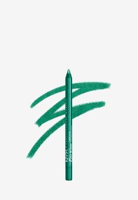 Grön makeuppenna med texturerad yta, med korkat slut och tre djärva gröna streck bredvid på vit bakgrund.