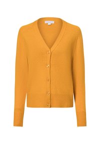 Mosterdgele cardigan van zachte breimateriaal, met een v-hals, lange mouwen, geribbelde zoom en zes bijpassende knopen aan de voorkant.