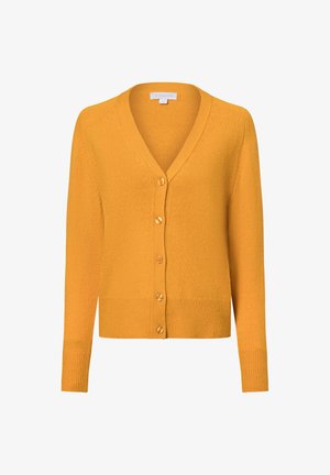 Senfgelber Cardigan aus weichem Strickmaterial, mit V-Ausschnitt, langen Ärmeln, geripptem Saum und sechs passenden Knöpfen auf der Vorderseite.