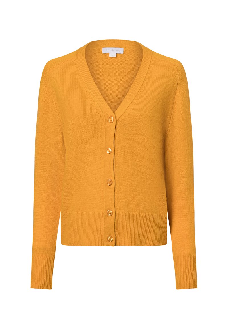 Mosterdgele cardigan van zachte breimateriaal, met een v-hals, lange mouwen, geribbelde zoom en zes bijpassende knopen aan de voorkant.