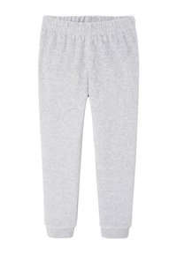 Light gray sweatpants made of soft, textured fabric with an elastic waistband and tapered cuffs at the ankles. No patterns or accents.