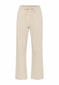 Beige cotton pants with an elastic waistband and adjustable drawstring. Straight leg design with a smooth, soft texture. No patterns or accents.
