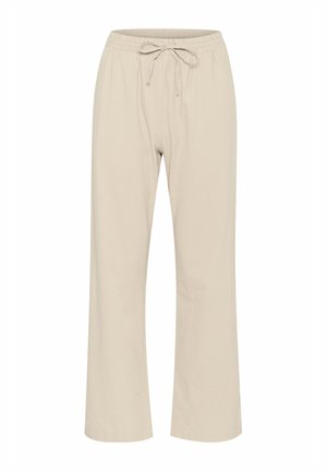 Pantaloni di cotone beige con vita elastica e coulisse regolabile. Design a gamba dritta con una texture liscia e morbida. Senza motivi né accenti.