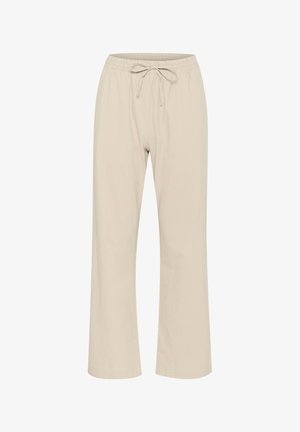 Pantalones de algodón beige con cintura elástica y cordón ajustable. Diseño de pierna recta con una textura suave y lisa. Sin patrones ni acentos.