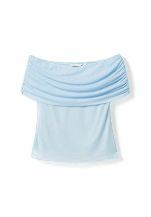 Hele sinine õlgadeta topp, mille kaelusel on kokkutoositud kangas, keha järgiva lõikega ja pehme, sile tekstuuriga. Õmblusteta ääris.