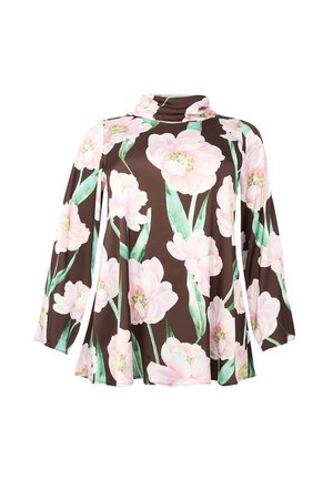 Brown long-sleeve turtleneck top with large pink and white floral print and green leaves, loose fit, and soft fabric.