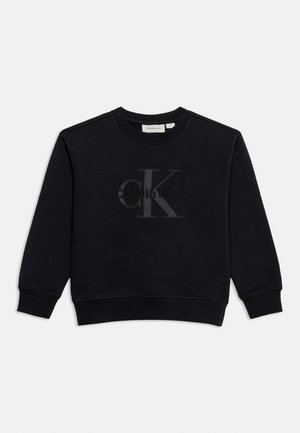 Čierna mikina s dlhým rukávom a okrúhlym výstrihom, s rebrovanými manžetami a lemom, s vyrazeným logom Calvin Klein na prednej strane.