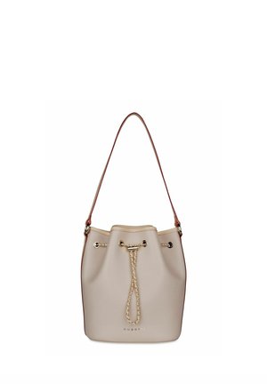 Light beige bucket bag with braided drawstring closure and single shoulder strap, branded with small "bugatti" logo at the bottom.