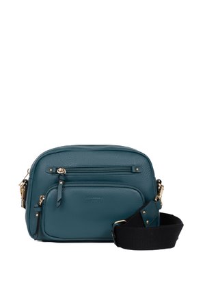 Borsa a tracolla in pelle teal con hardware dorato, tasche con zip e una tracolla nera regolabile. Texture liscia e forma rotonda.