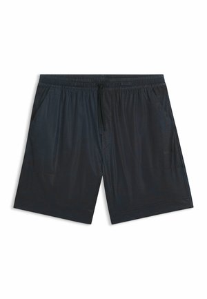 Black athletic shorts with side pockets, an elastic waistband, and a drawstring tie at the front.