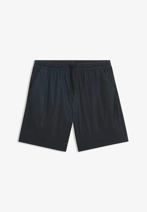 Black athletic shorts with side pockets, an elastic waistband, and a drawstring tie at the front.
