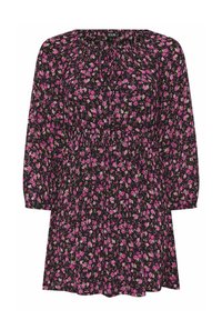 Svart blommig klänning med rosa och gröna blommor, med en r gathered halsringning och långa ärmar, tillverkad av lättviktig tyg för komfort.