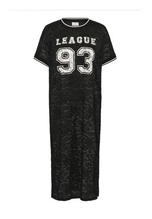 Vestito midi in pizzo nero con maniche corte, colletto e polsini a righe bianche e testo bianco "LEAGUE 93" sul davanti.