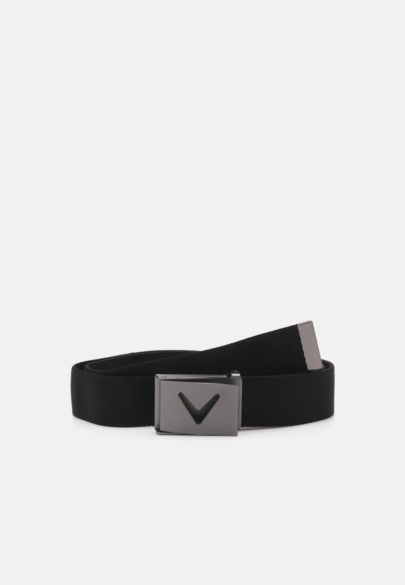 Black elastic belt with a rectangular matte finish buckle featuring a raised dark logo. Smooth texture and adjustable length.
