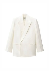 Blazer bianco con design doppiopetto, colletto a punta affilata e due tasche frontali. Realizzato in tessuto liscio, presenta una vestibilità sartoriale.