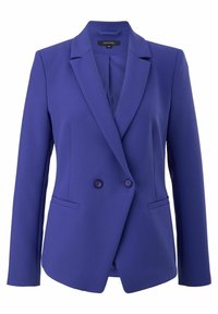 Dubbelknäppt kavaj i livfull lila färg. Har en knappsprund med slag, två framfickor och rundad fåll med knappdetaljer. Slät tyg.