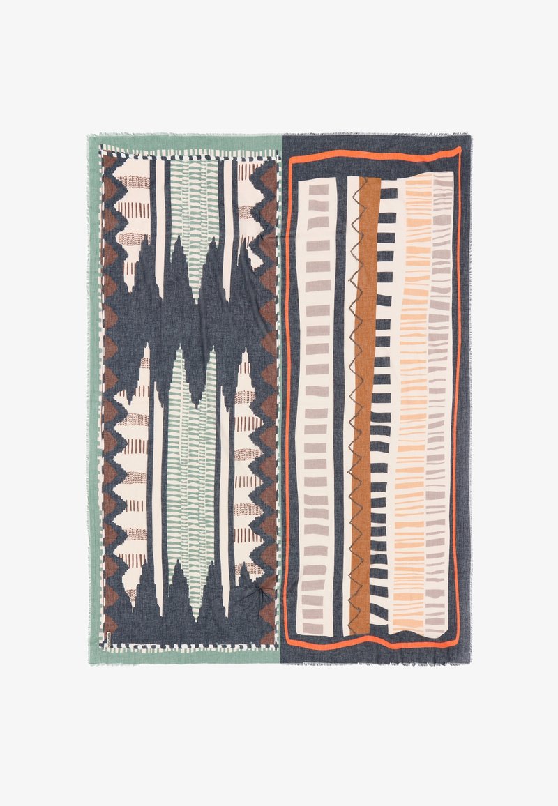 Mehrfarbiger gewebter Stoff mit einer Mischung aus geometrischen und abstrakten Designs in erdigen Tönen, Marineblau und Creme, mit fransenähnlichem Rand.