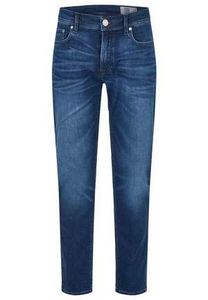 Dunkelblaue Jeans aus Denim mit geradem Bein, fünf Taschen, sichtbaren Nähten und einem Knopfverschluss an der Taille.