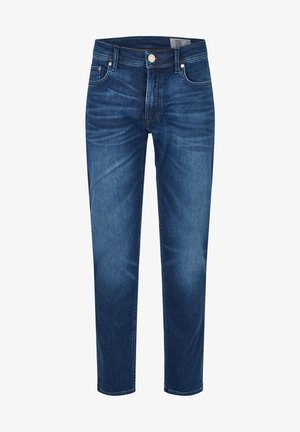 Dunkelblaue Jeans aus Denim mit geradem Bein, fünf Taschen, sichtbaren Nähten und einem Knopfverschluss an der Taille.