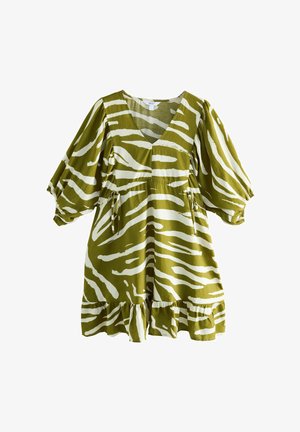 Olive green dress with white zebra stripes, V-neck, short puff sleeves, cinched waist, and ruffled hemline. Made from soft, textured fabric.