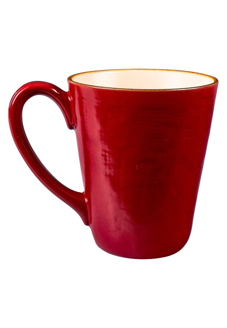 Czerwona ceramiczna filiżanka o lekko zwężającym się kształcie, błyszczącej powierzchni i wystającym uchwycie. Wnętrze jest jasnozabarwione z akcentem w postaci złotej obręczy.